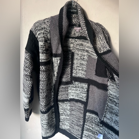 J.JILL - Black Gray White Patchwork Wool Blend Open Cardigan Sweater Coat size M - Picture 4 of 5